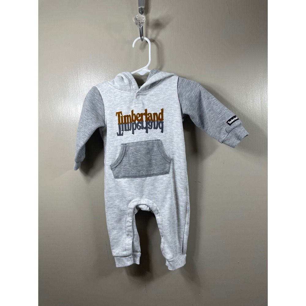 Timberland Kids Grey Hooded Fleece Romper Logo Graphic Snaps 6-9M‎